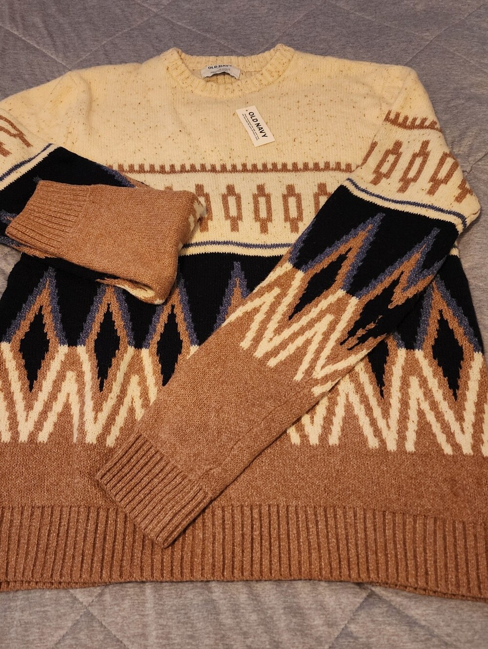 Old Navy Multicolor Geometric Crewneck Sweater - Cream/Brown/Navy/Blue SZ Medium